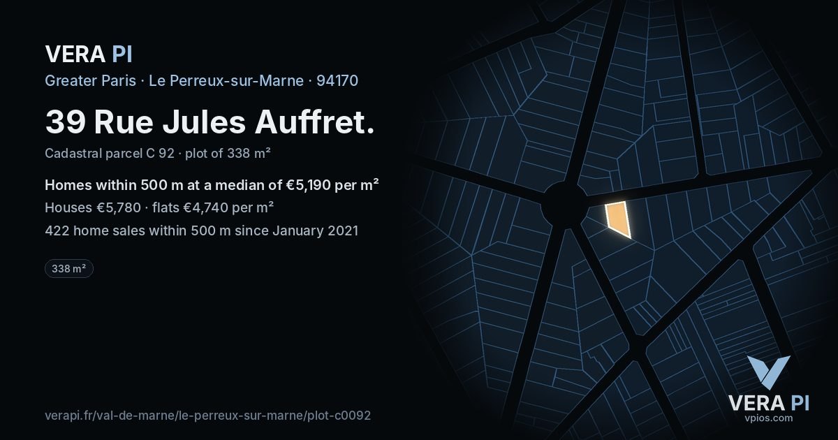 39 Rue Jules Auffret, Le Perreux-sur-Marne at night – the plot lit, the parcels around coloured by the prices near them