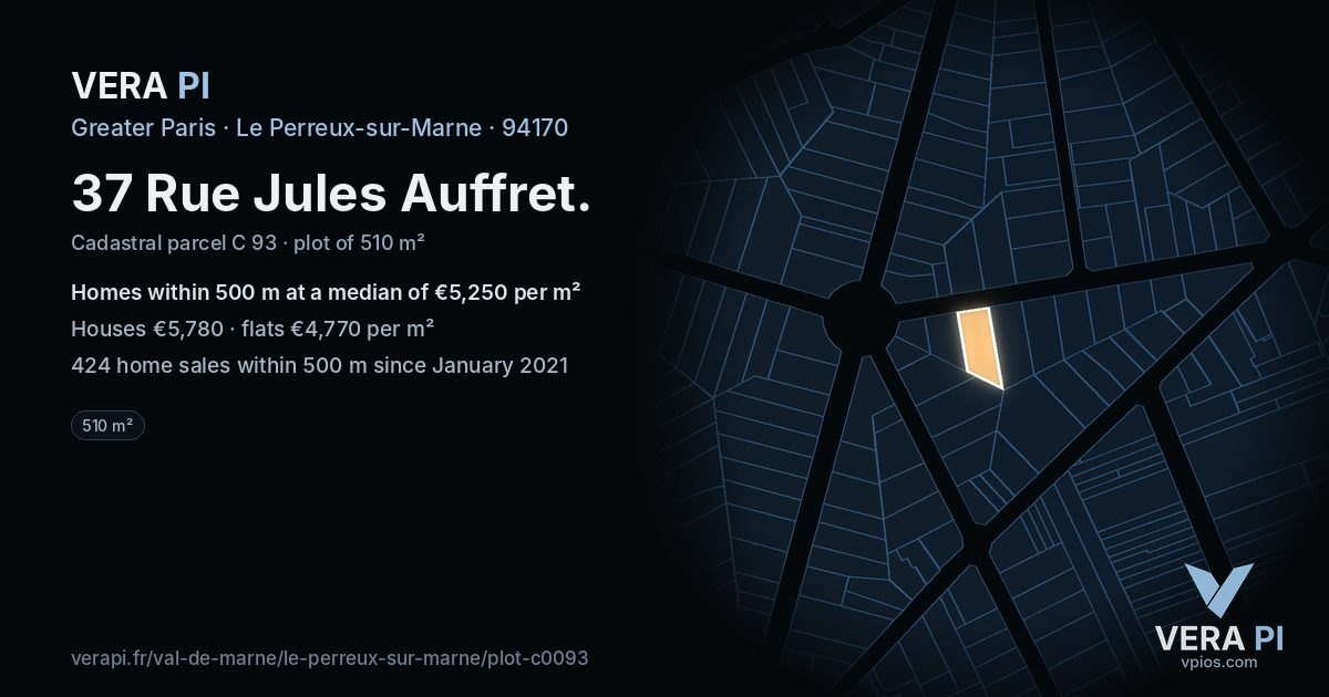37 Rue Jules Auffret, Le Perreux-sur-Marne at night – the plot lit, the parcels around coloured by the prices near them