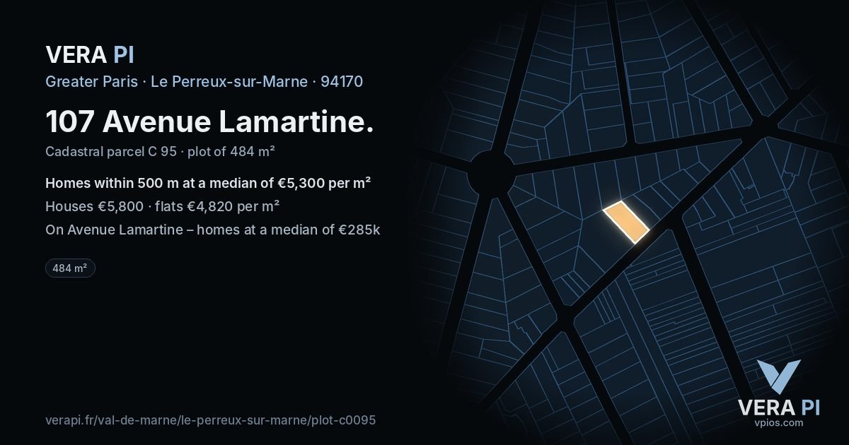 107 Avenue Lamartine, Le Perreux-sur-Marne at night – the plot lit, the parcels around coloured by the prices near them