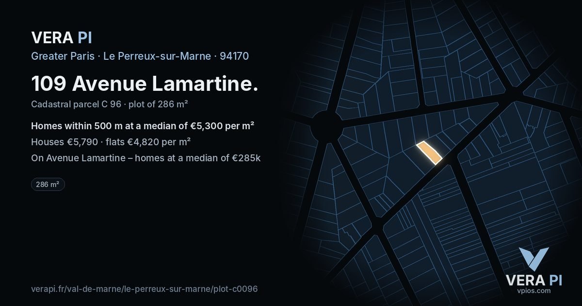 109 Avenue Lamartine, Le Perreux-sur-Marne at night – the plot lit, the parcels around coloured by the prices near them