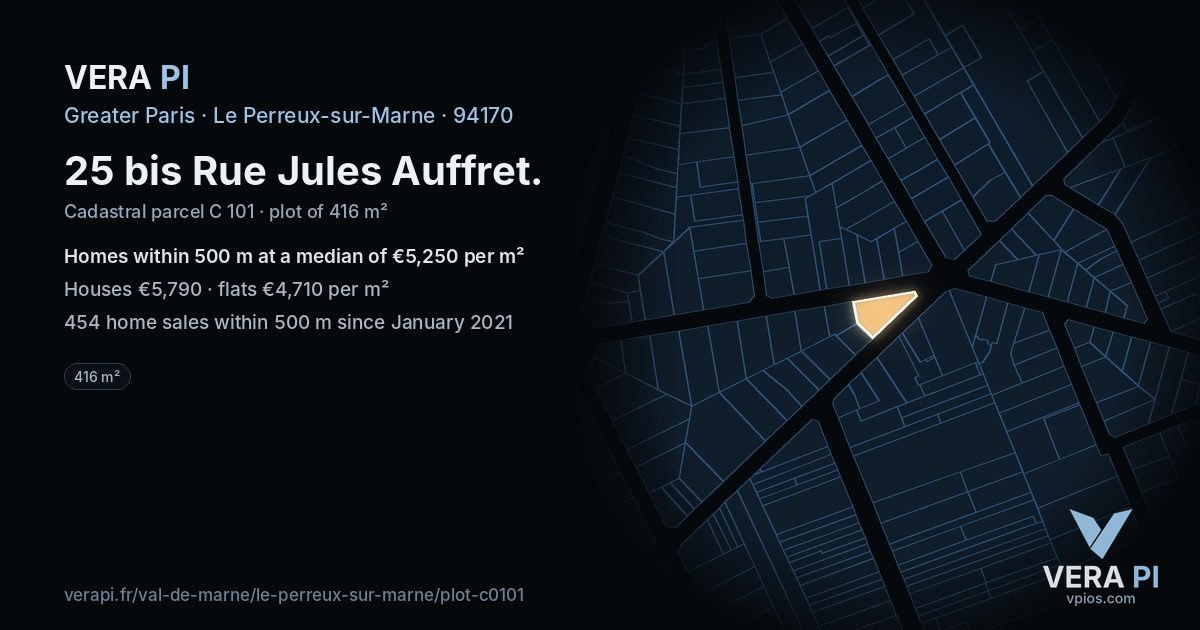25 bis Rue Jules Auffret, Le Perreux-sur-Marne at night – the plot lit, the parcels around coloured by the prices near them
