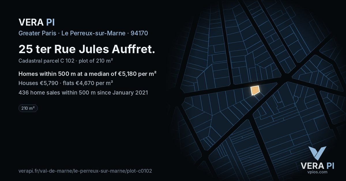 25 ter Rue Jules Auffret, Le Perreux-sur-Marne at night – the plot lit, the parcels around coloured by the prices near them