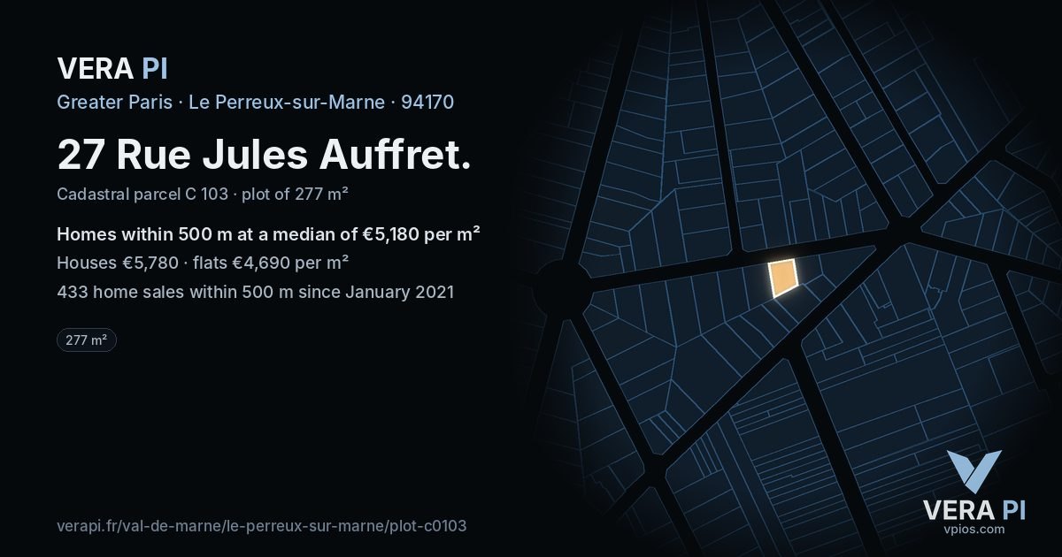 27 Rue Jules Auffret, Le Perreux-sur-Marne at night – the plot lit, the parcels around coloured by the prices near them