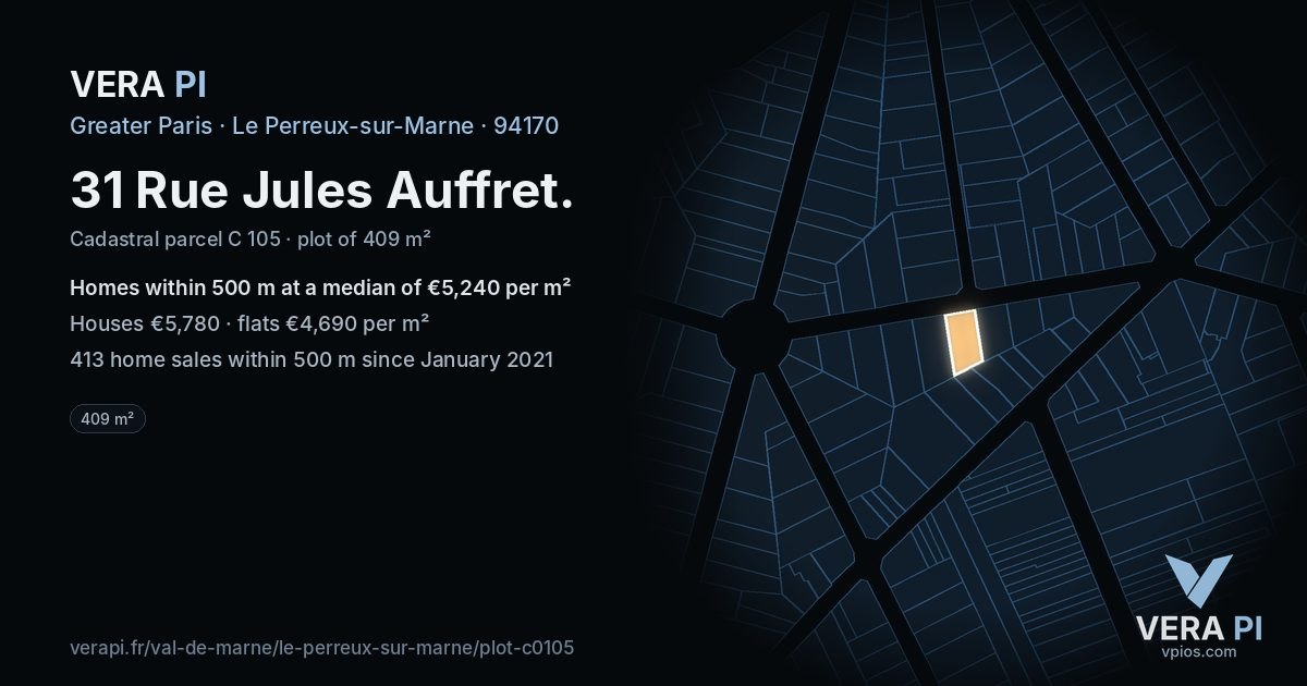 31 Rue Jules Auffret, Le Perreux-sur-Marne at night – the plot lit, the parcels around coloured by the prices near them