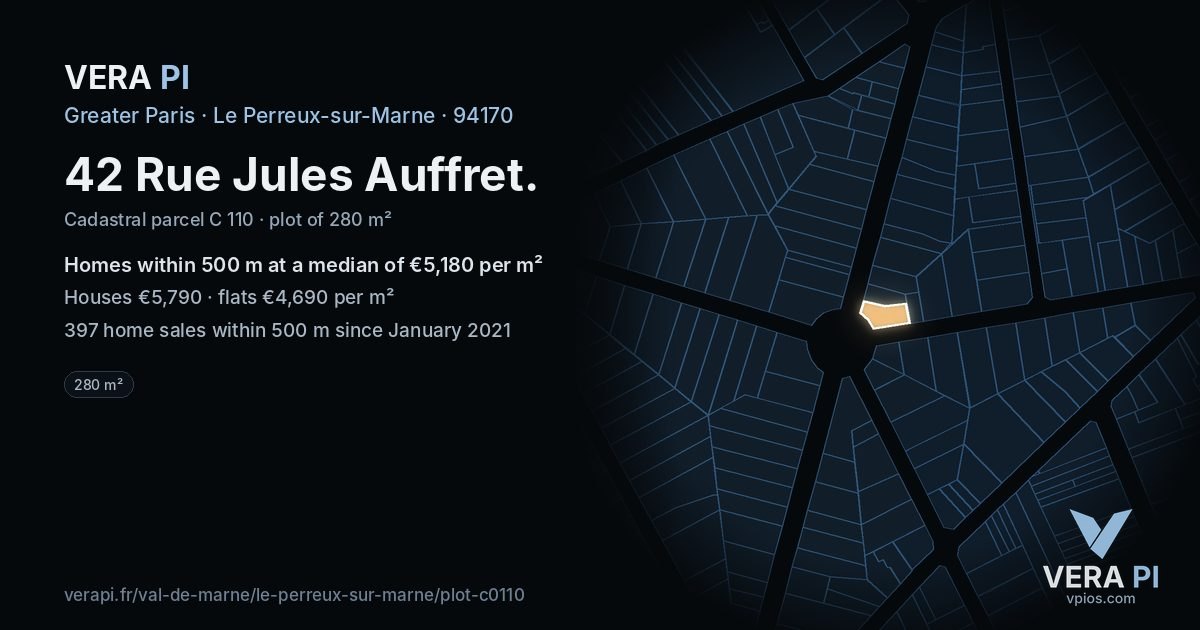 42 Rue Jules Auffret, Le Perreux-sur-Marne at night – the plot lit, the parcels around coloured by the prices near them