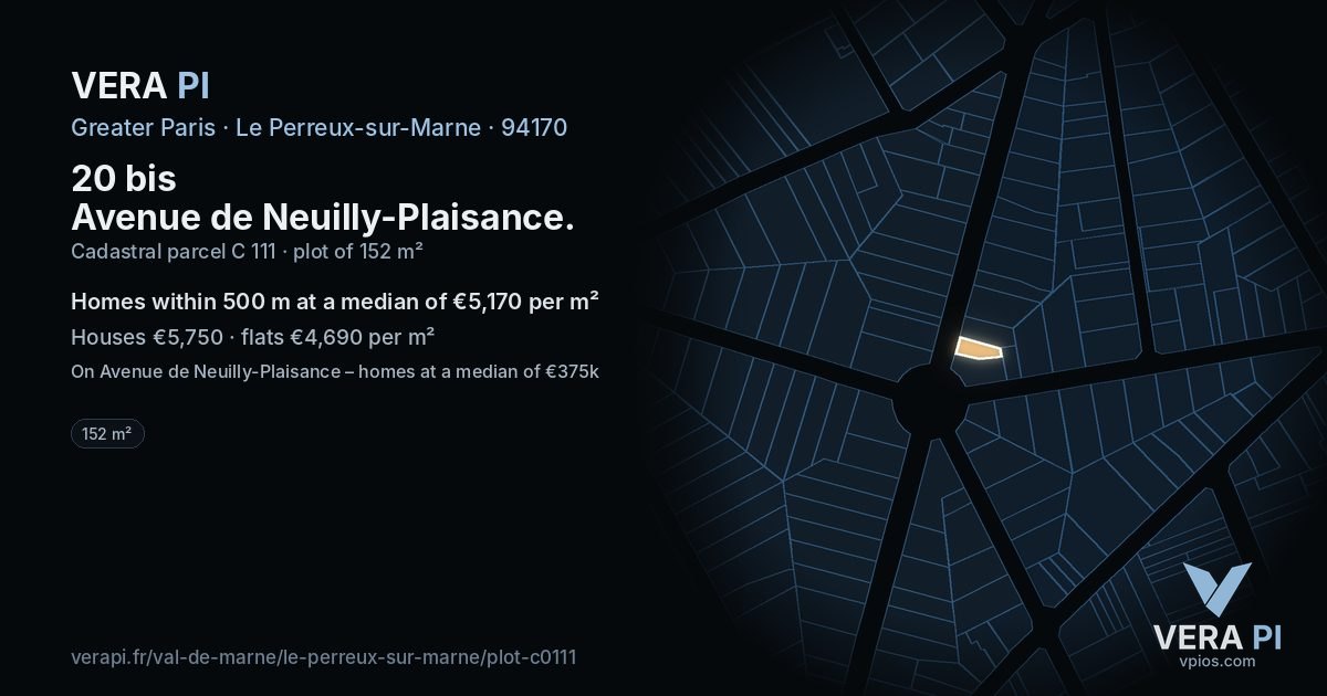 20 bis Avenue de Neuilly-Plaisance, Le Perreux-sur-Marne at night – the plot lit, the parcels around coloured by the prices near them