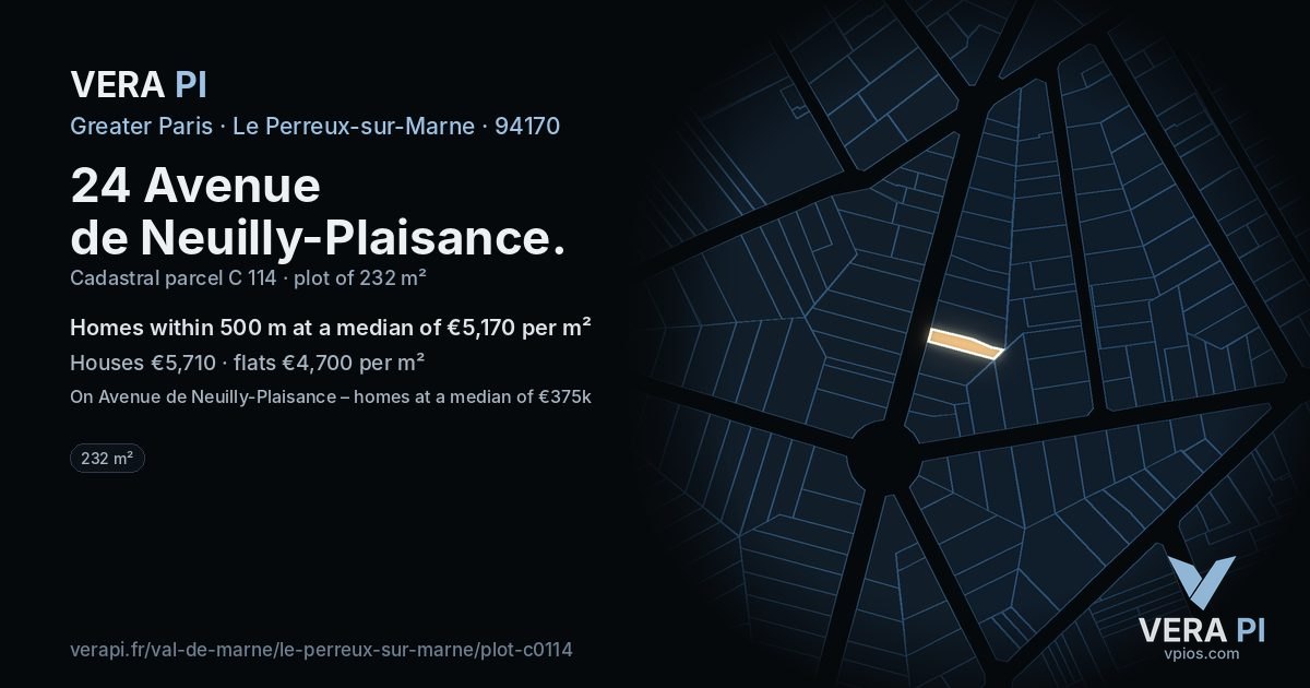 24 Avenue de Neuilly-Plaisance, Le Perreux-sur-Marne at night – the plot lit, the parcels around coloured by the prices near them