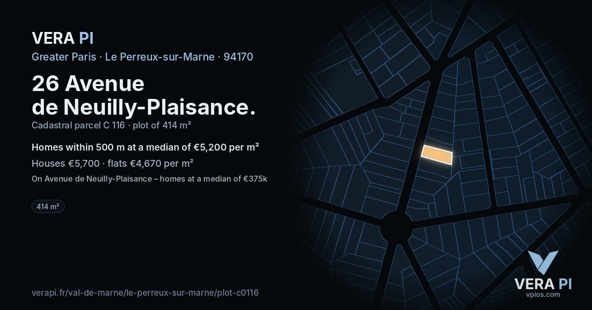 26 Avenue de Neuilly-Plaisance, Le Perreux-sur-Marne at night – the plot lit, the parcels around coloured by the prices near them