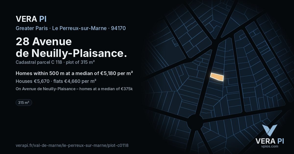 28 Avenue de Neuilly-Plaisance, Le Perreux-sur-Marne at night – the plot lit, the parcels around coloured by the prices near them