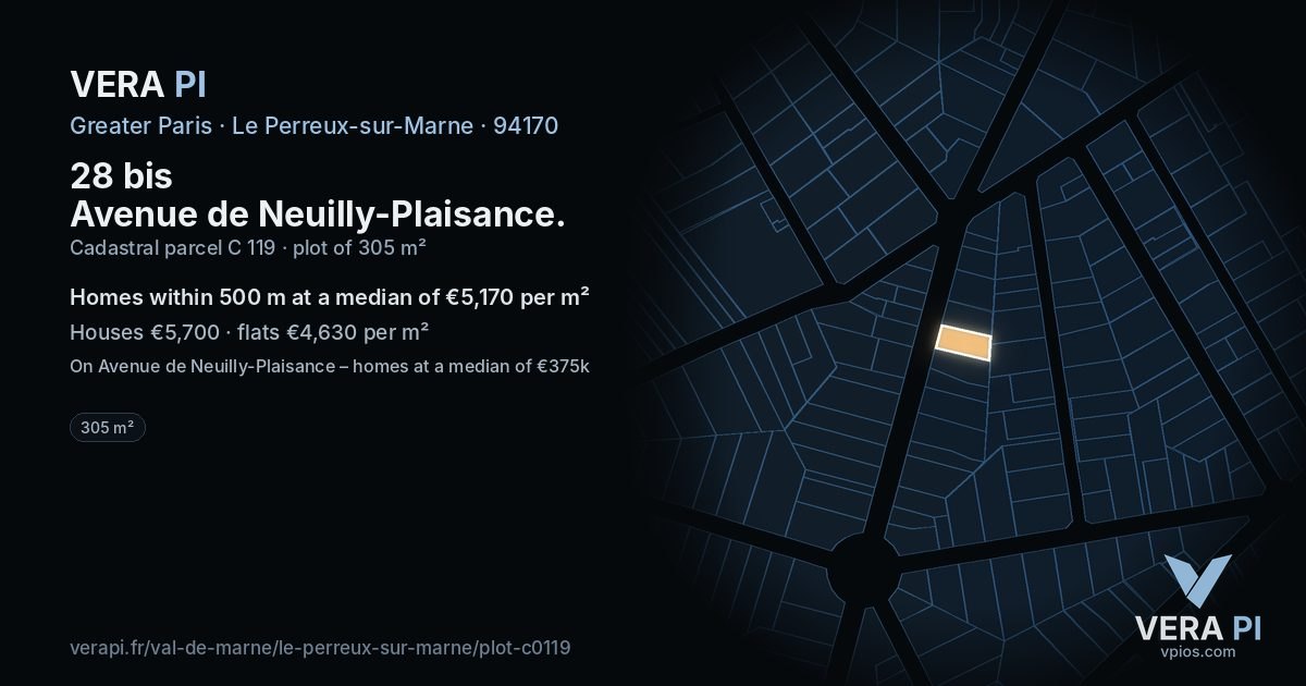 28 bis Avenue de Neuilly-Plaisance, Le Perreux-sur-Marne at night – the plot lit, the parcels around coloured by the prices near them