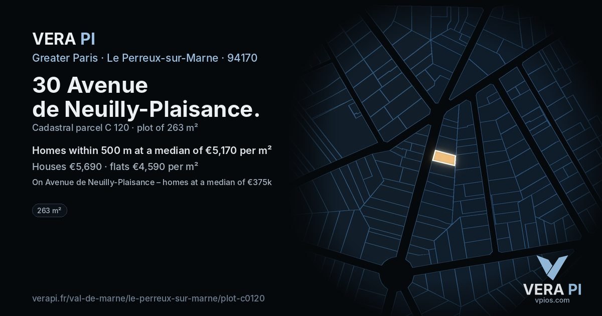 30 Avenue de Neuilly-Plaisance, Le Perreux-sur-Marne at night – the plot lit, the parcels around coloured by the prices near them