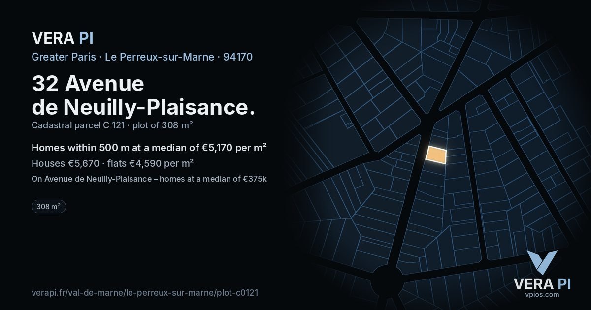32 Avenue de Neuilly-Plaisance, Le Perreux-sur-Marne at night – the plot lit, the parcels around coloured by the prices near them
