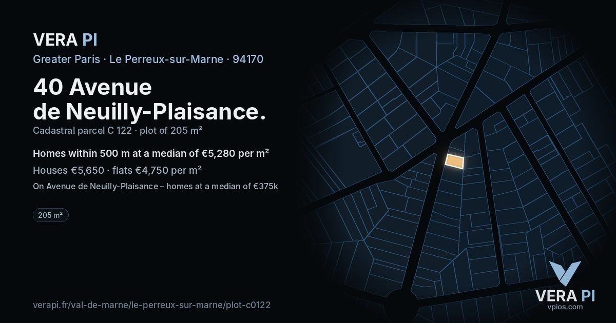 40 Avenue de Neuilly-Plaisance, Le Perreux-sur-Marne at night – the plot lit, the parcels around coloured by the prices near them