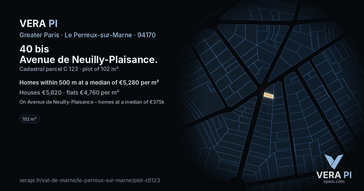 40 bis Avenue de Neuilly-Plaisance, Le Perreux-sur-Marne at night – the plot lit, the parcels around coloured by the prices near them