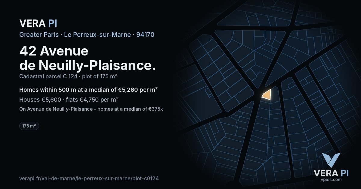 42 Avenue de Neuilly-Plaisance, Le Perreux-sur-Marne at night – the plot lit, the parcels around coloured by the prices near them