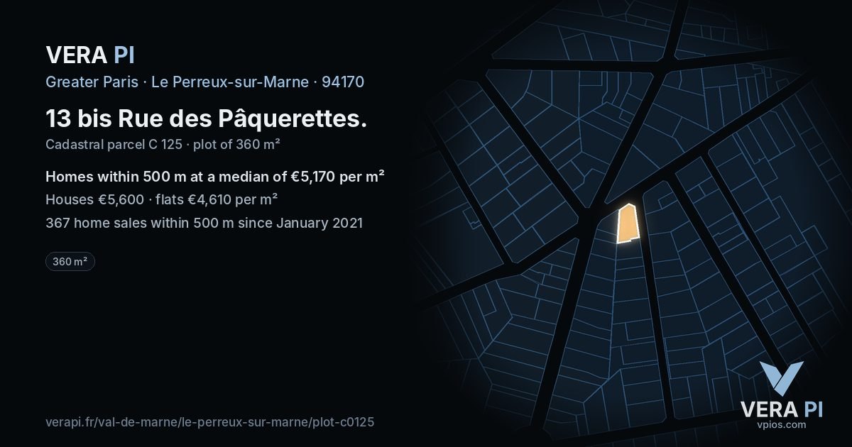 13 bis Rue des Pâquerettes, Le Perreux-sur-Marne at night – the plot lit, the parcels around coloured by the prices near them