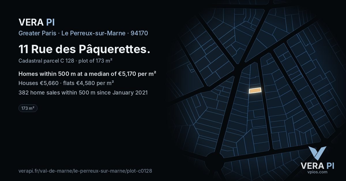 11 Rue des Pâquerettes, Le Perreux-sur-Marne at night – the plot lit, the parcels around coloured by the prices near them