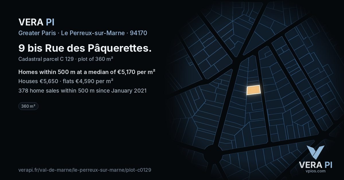 9 bis Rue des Pâquerettes, Le Perreux-sur-Marne at night – the plot lit, the parcels around coloured by the prices near them