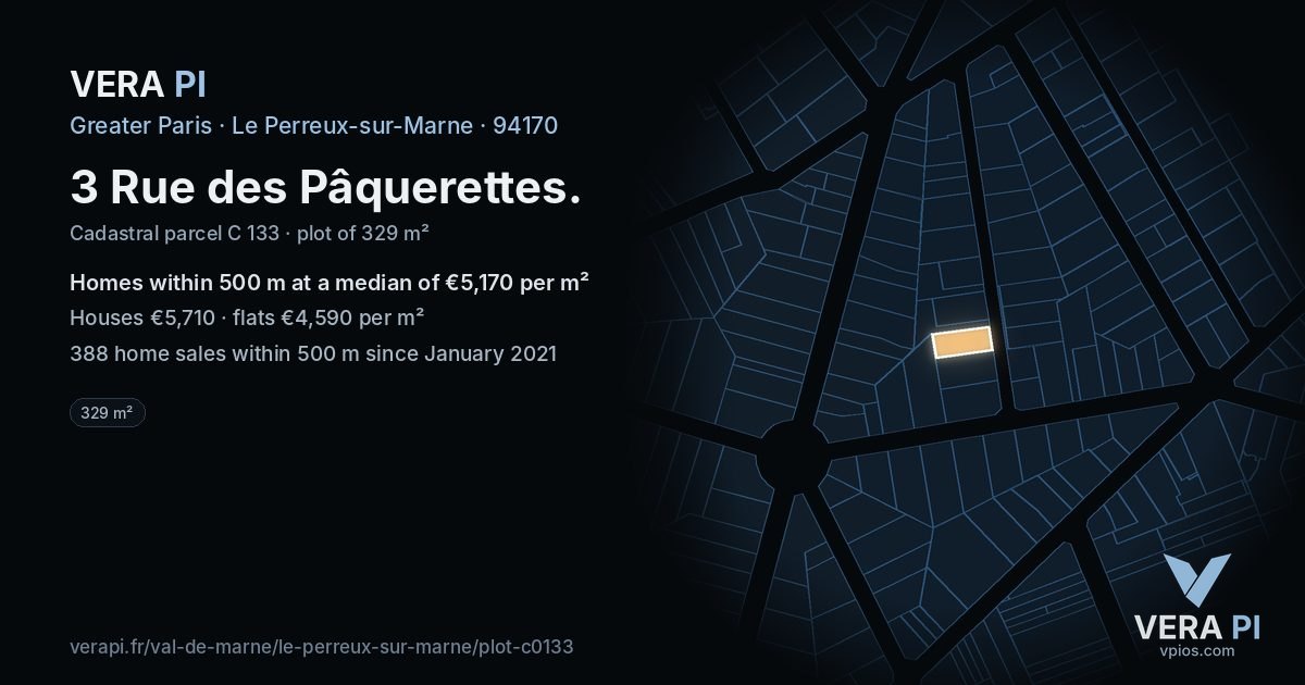 3 Rue des Pâquerettes, Le Perreux-sur-Marne at night – the plot lit, the parcels around coloured by the prices near them
