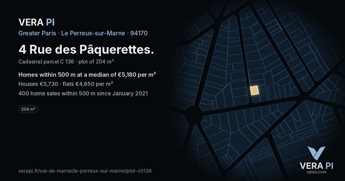 4 Rue des Pâquerettes, Le Perreux-sur-Marne at night – the plot lit, the parcels around coloured by the prices near them