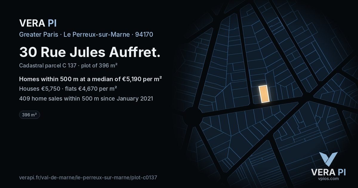 30 Rue Jules Auffret, Le Perreux-sur-Marne at night – the plot lit, the parcels around coloured by the prices near them
