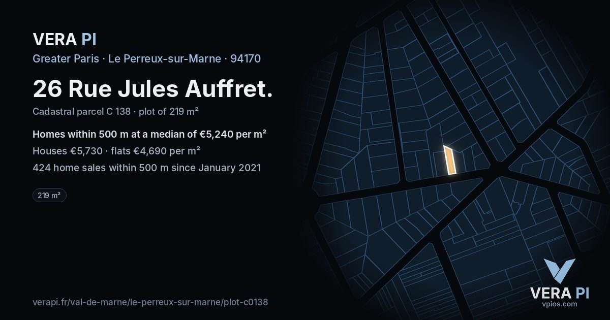 26 Rue Jules Auffret, Le Perreux-sur-Marne at night – the plot lit, the parcels around coloured by the prices near them