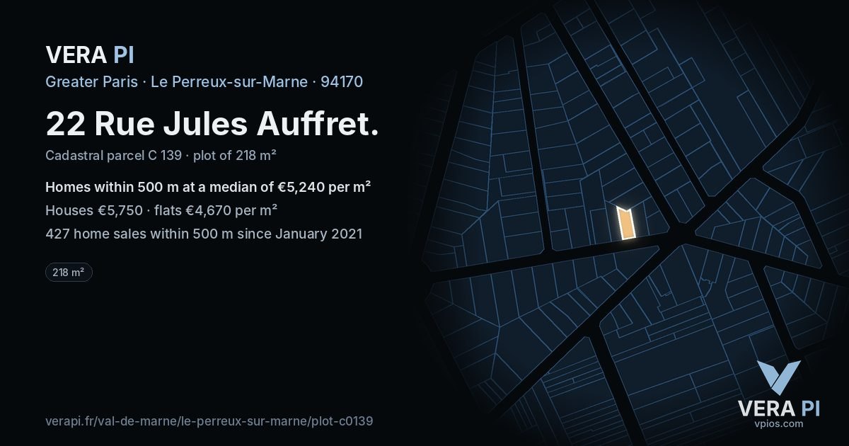 22 Rue Jules Auffret, Le Perreux-sur-Marne at night – the plot lit, the parcels around coloured by the prices near them