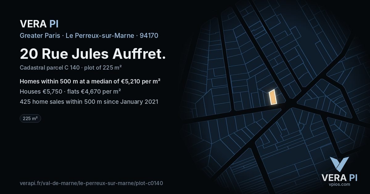 20 Rue Jules Auffret, Le Perreux-sur-Marne at night – the plot lit, the parcels around coloured by the prices near them