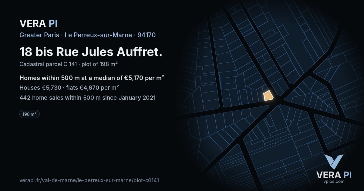 18 bis Rue Jules Auffret, Le Perreux-sur-Marne at night – the plot lit, the parcels around coloured by the prices near them