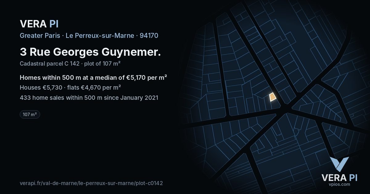 3 Rue Georges Guynemer, Le Perreux-sur-Marne at night – the plot lit, the parcels around coloured by the prices near them