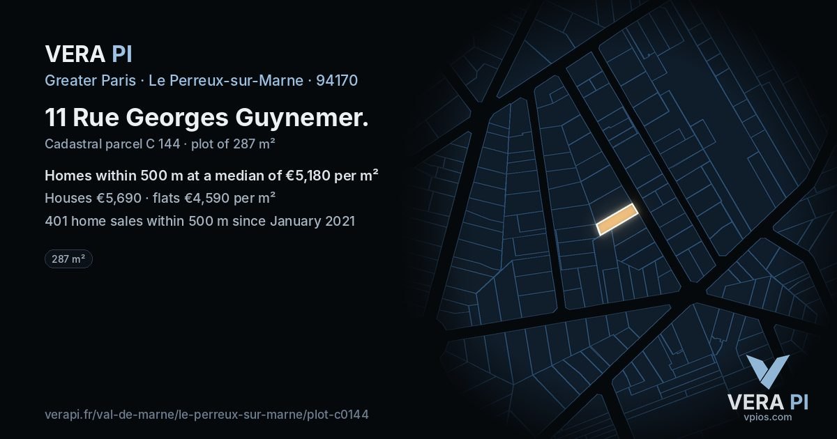 11 Rue Georges Guynemer, Le Perreux-sur-Marne at night – the plot lit, the parcels around coloured by the prices near them
