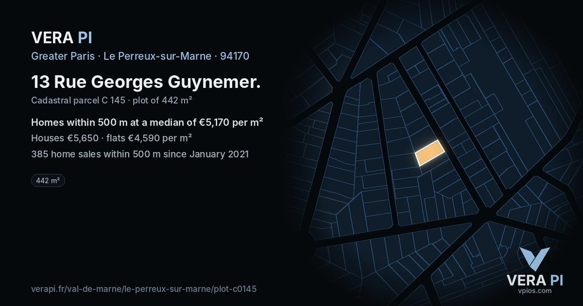 13 Rue Georges Guynemer, Le Perreux-sur-Marne at night – the plot lit, the parcels around coloured by the prices near them