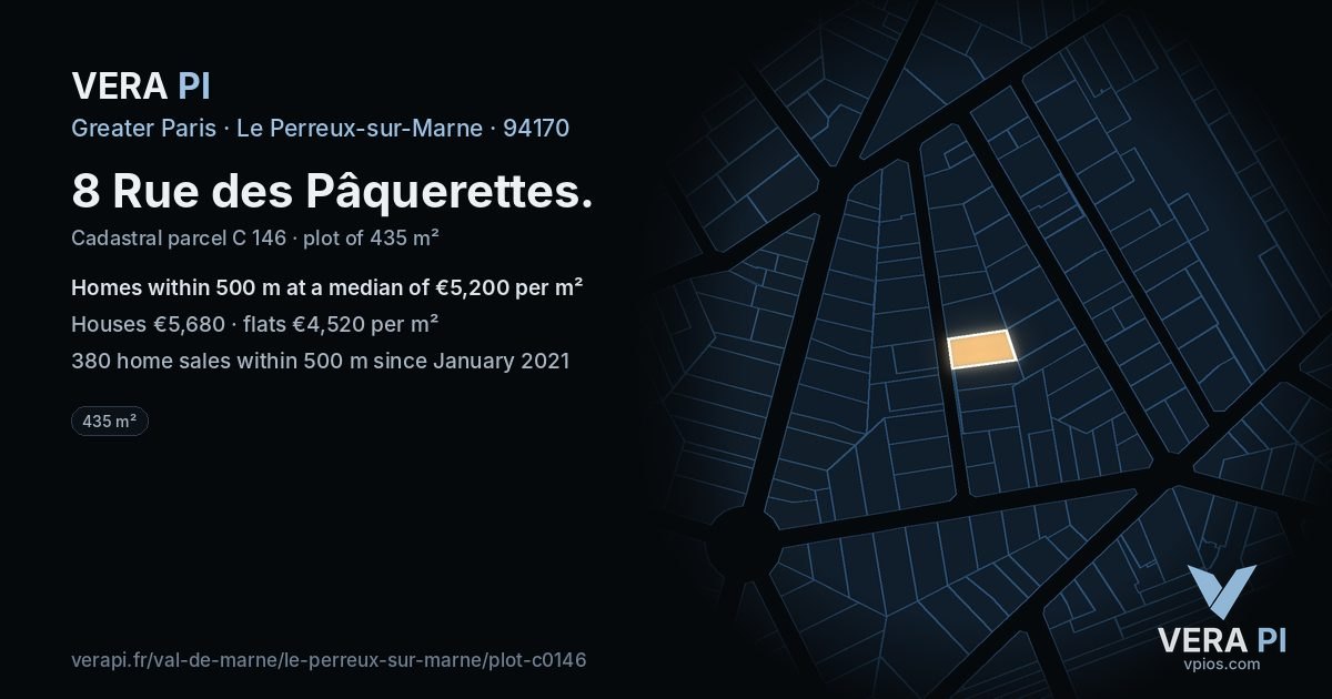 8 Rue des Pâquerettes, Le Perreux-sur-Marne at night – the plot lit, the parcels around coloured by the prices near them
