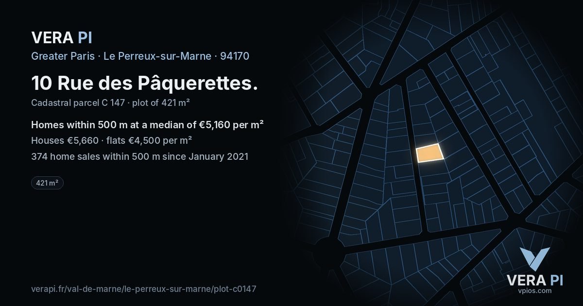 10 Rue des Pâquerettes, Le Perreux-sur-Marne at night – the plot lit, the parcels around coloured by the prices near them