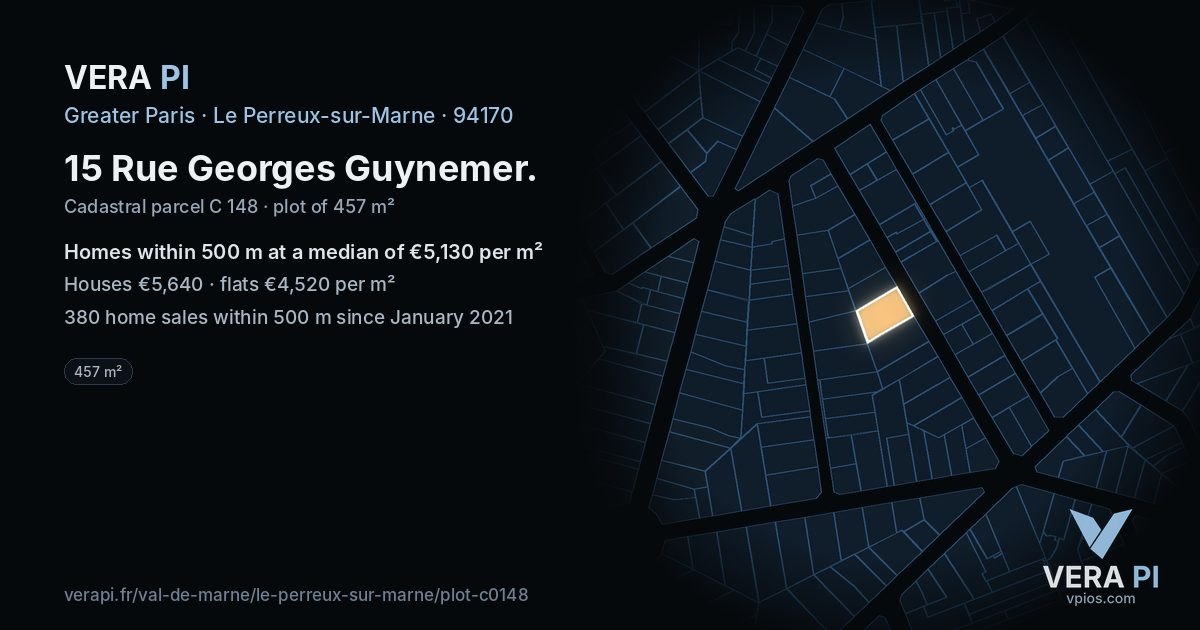 15 Rue Georges Guynemer, Le Perreux-sur-Marne at night – the plot lit, the parcels around coloured by the prices near them