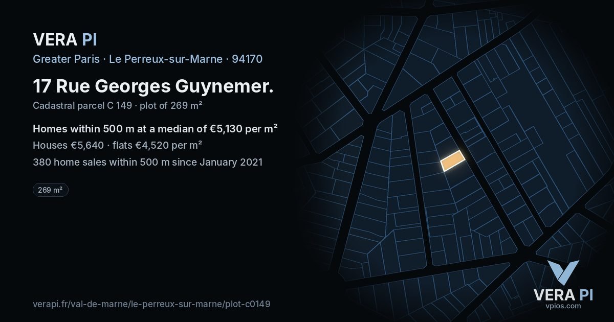 17 Rue Georges Guynemer, Le Perreux-sur-Marne at night – the plot lit, the parcels around coloured by the prices near them