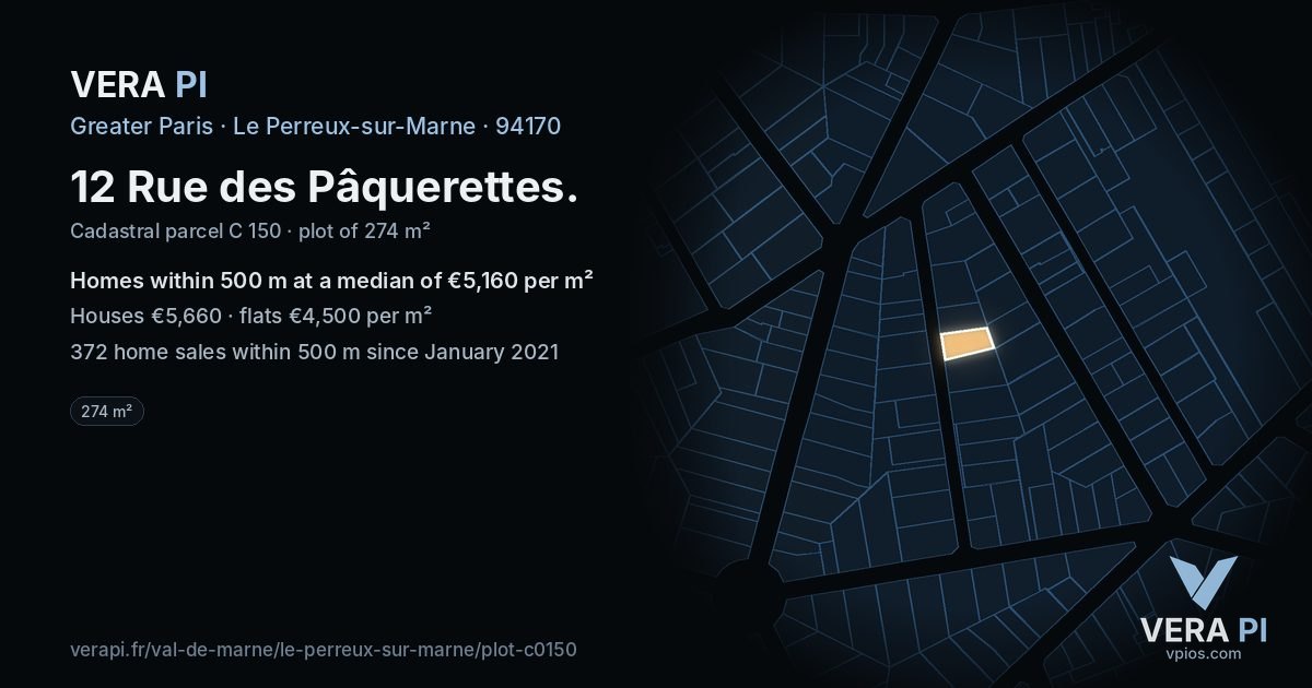 12 Rue des Pâquerettes, Le Perreux-sur-Marne at night – the plot lit, the parcels around coloured by the prices near them