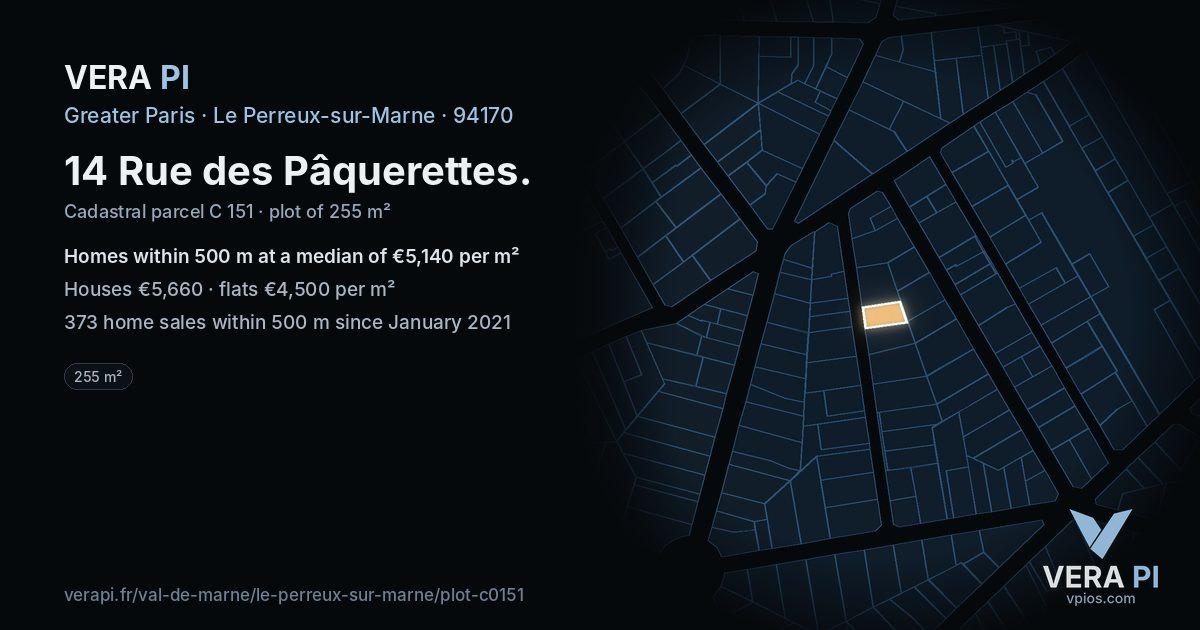 14 Rue des Pâquerettes, Le Perreux-sur-Marne at night – the plot lit, the parcels around coloured by the prices near them