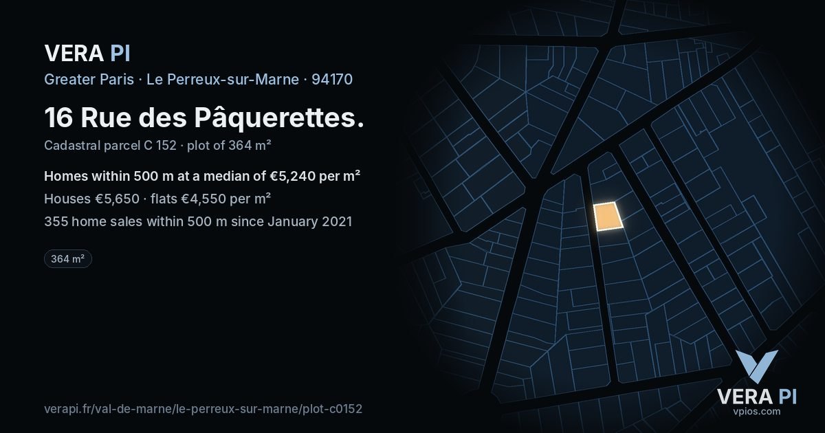 16 Rue des Pâquerettes, Le Perreux-sur-Marne at night – the plot lit, the parcels around coloured by the prices near them