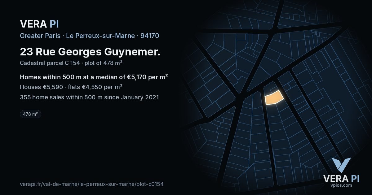 23 Rue Georges Guynemer, Le Perreux-sur-Marne at night – the plot lit, the parcels around coloured by the prices near them