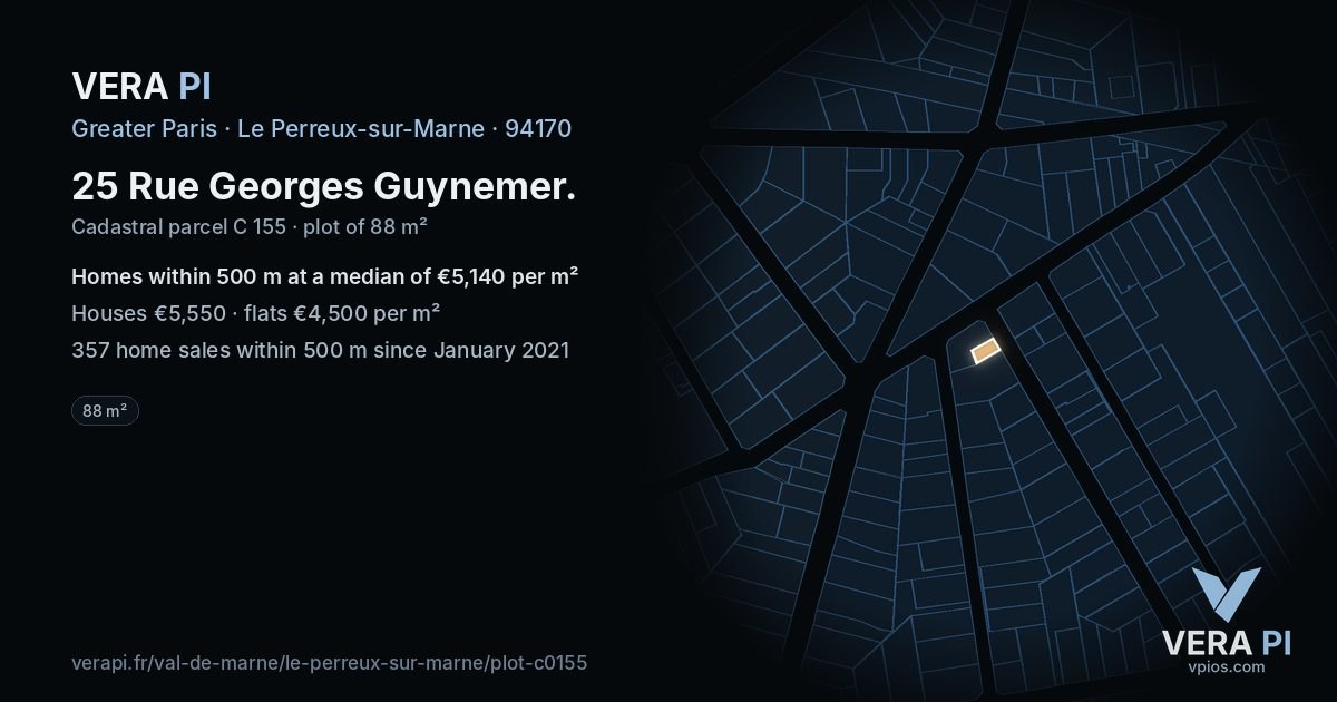 25 Rue Georges Guynemer, Le Perreux-sur-Marne at night – the plot lit, the parcels around coloured by the prices near them