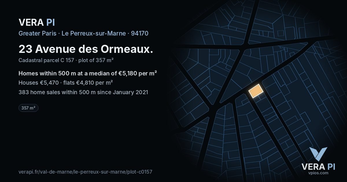 23 Avenue des Ormeaux, Le Perreux-sur-Marne at night – the plot lit, the parcels around coloured by the prices near them