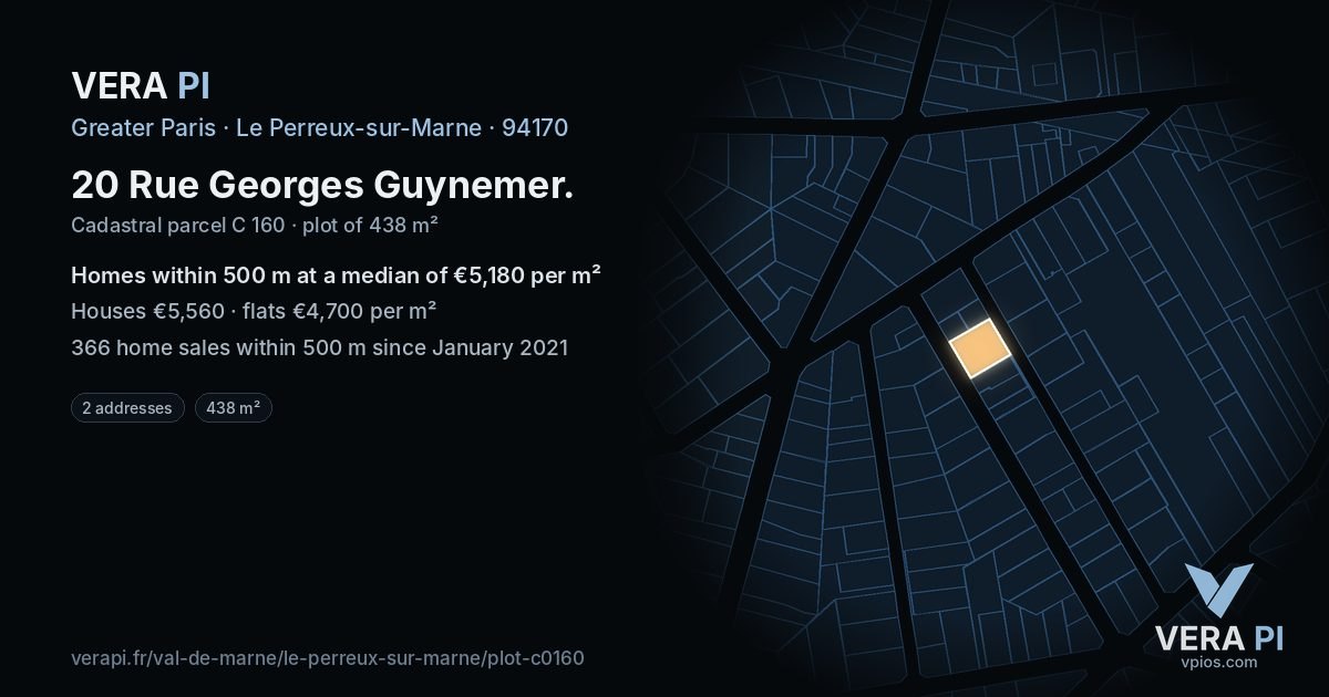 20 Rue Georges Guynemer, Le Perreux-sur-Marne at night – the plot lit, the parcels around coloured by the prices near them