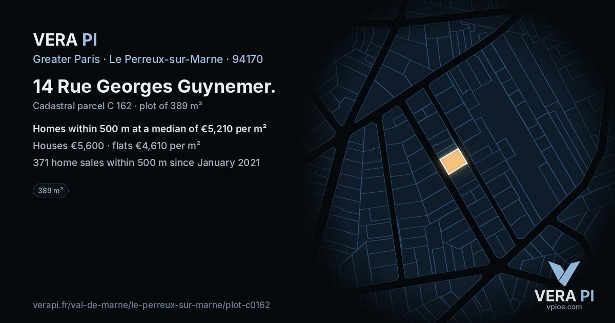 14 Rue Georges Guynemer, Le Perreux-sur-Marne at night – the plot lit, the parcels around coloured by the prices near them