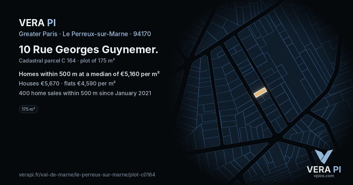 10 Rue Georges Guynemer, Le Perreux-sur-Marne at night – the plot lit, the parcels around coloured by the prices near them