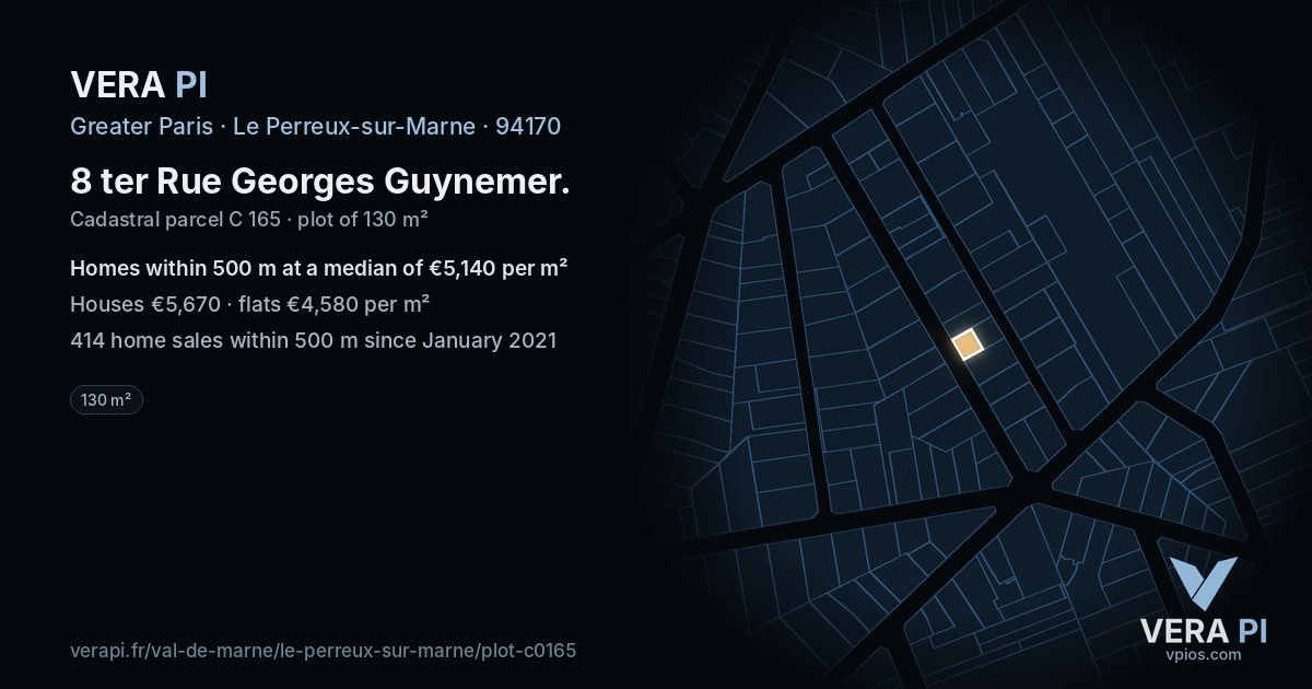 8 ter Rue Georges Guynemer, Le Perreux-sur-Marne at night – the plot lit, the parcels around coloured by the prices near them