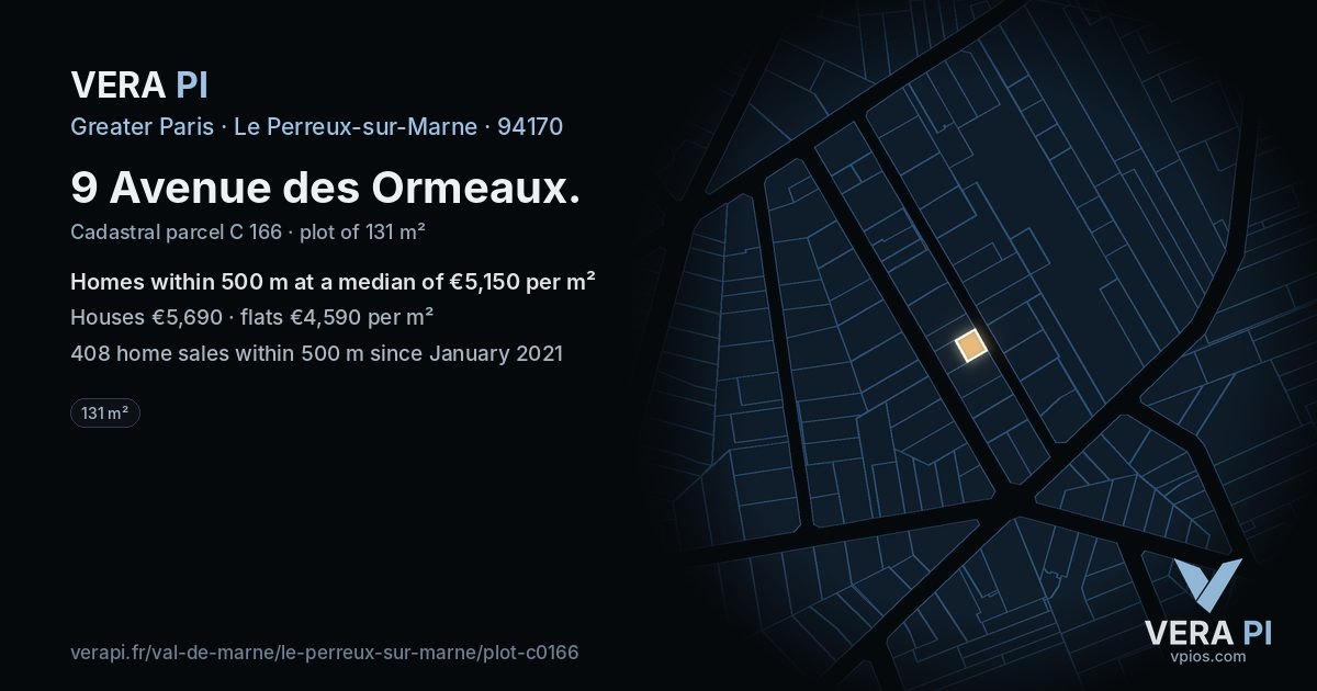 9 Avenue des Ormeaux, Le Perreux-sur-Marne at night – the plot lit, the parcels around coloured by the prices near them