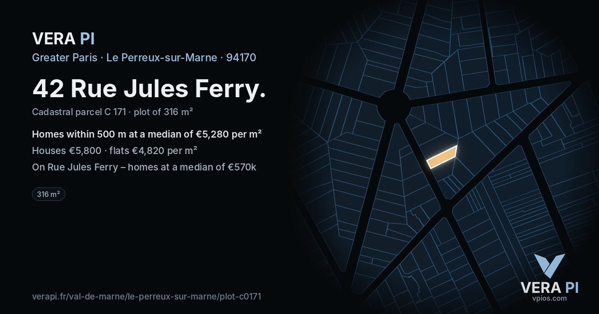 42 Rue Jules Ferry, Le Perreux-sur-Marne at night – the plot lit, the parcels around coloured by the prices near them