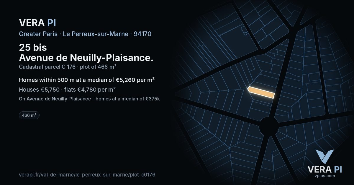 25 bis Avenue de Neuilly-Plaisance, Le Perreux-sur-Marne at night – the plot lit, the parcels around coloured by the prices near them