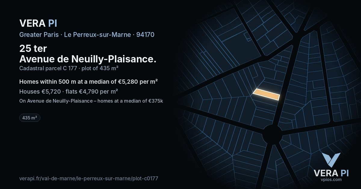 25 ter Avenue de Neuilly-Plaisance, Le Perreux-sur-Marne at night – the plot lit, the parcels around coloured by the prices near them